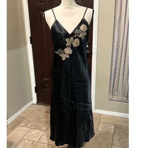 Vintage Halston Black Satin Negligée with Embroidered Flowers